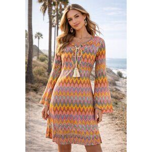 Entro Boho Multicolor Tassel Bell Sleeve Shift Dress | Size Small | NWT